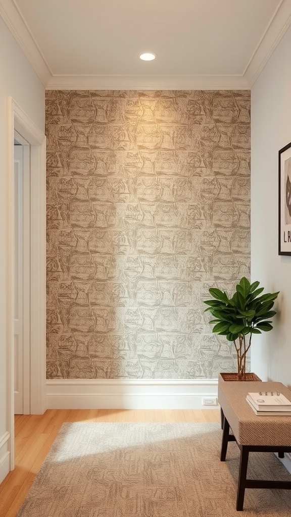 A stylish accent wall with a textured pattern, complemented by a small plant and a modern table, in a cozy room.