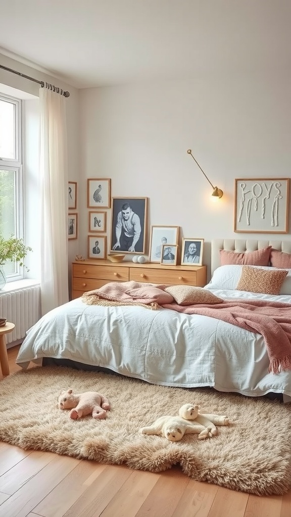 A cozy bedroom featuring a soft area rug, bed with textured blankets, and framed art on the walls.