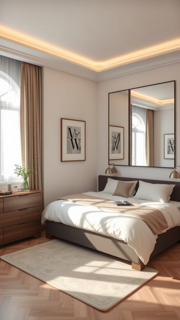Cozy bedroom with a large mirror reflecting light and creating an illusion of space