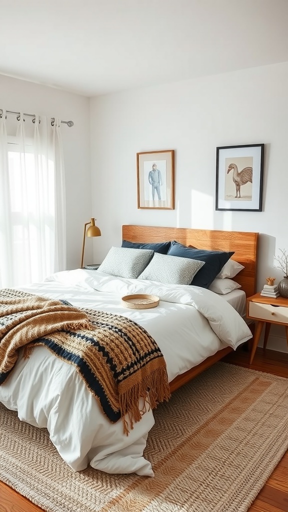 A cozy 10x10 bedroom with layered bedding and a woven throw blanket on the bed.