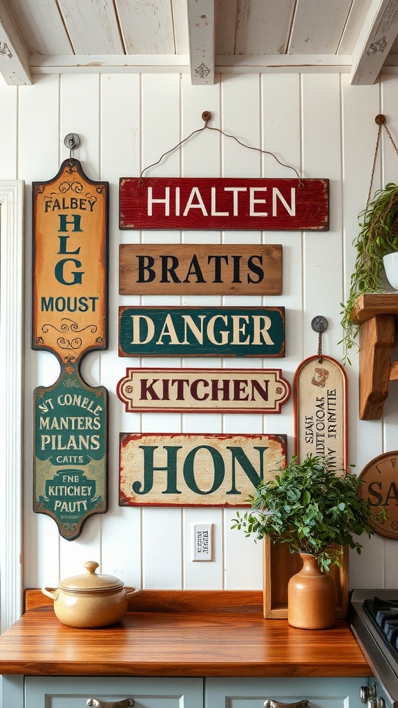 A collection of antique signs and banners hanging on a farmhouse kitchen wall.