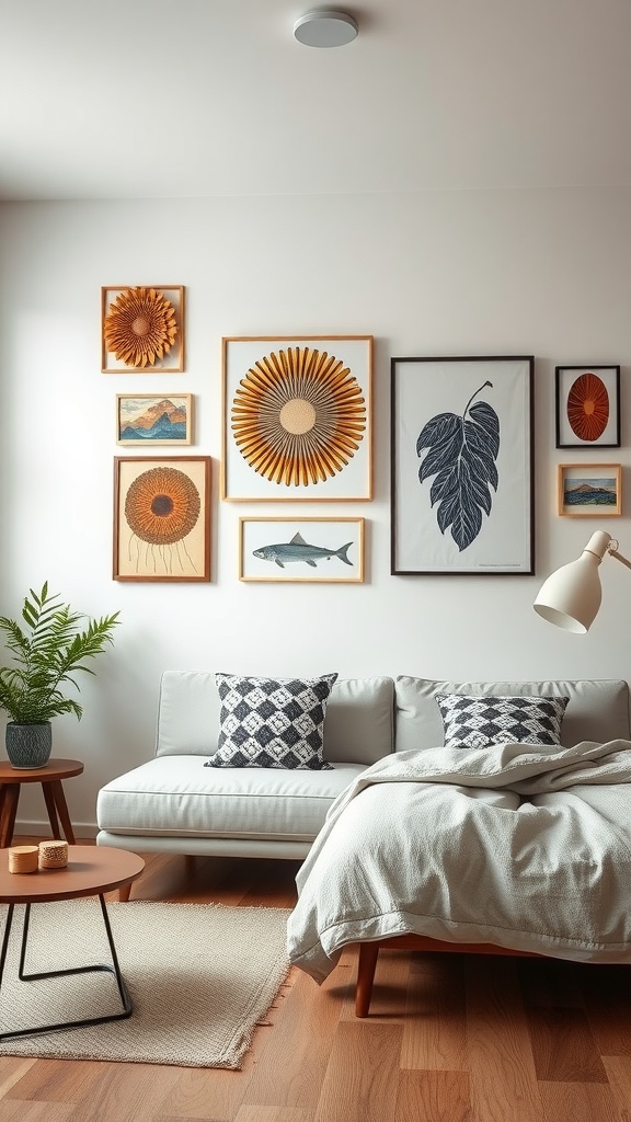 Cozy modern studio apartment with a gallery wall featuring various art pieces and a comfortable sofa.