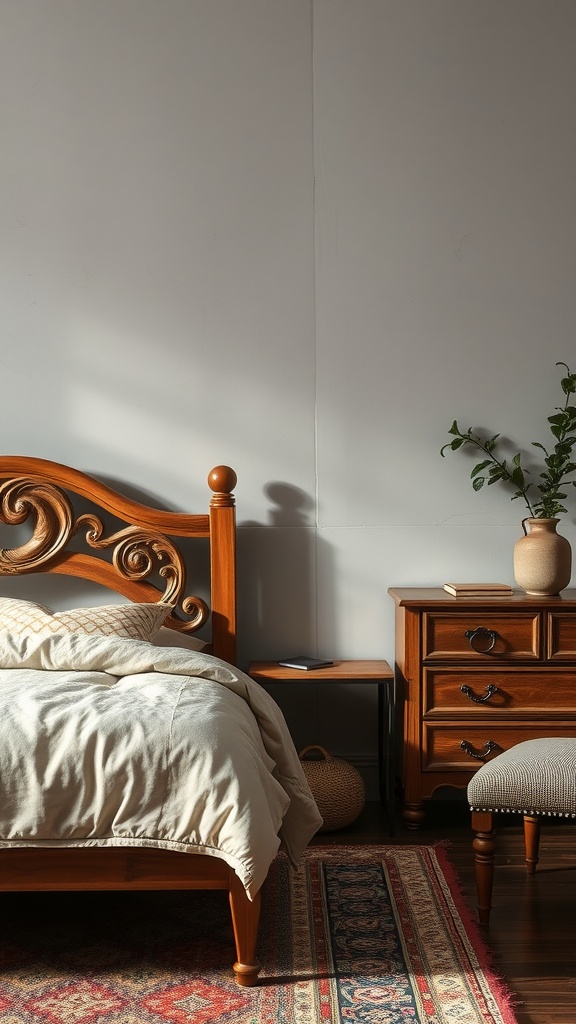 Elegant bedroom featuring a wooden bed frame, nightstand, and a rug