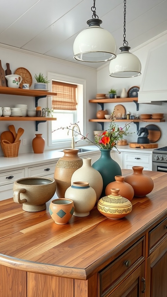 A collection of artisan pottery displayed on a wooden kitchen island, featuring various shapes and colors.