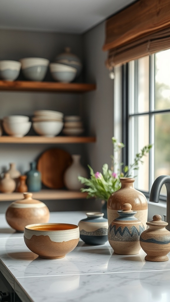 A display of artisan pottery on a kitchen countertop, featuring bowls and jars in natural tones.