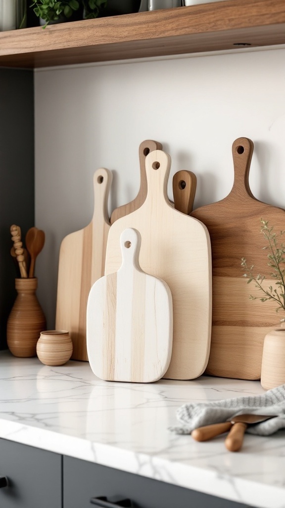 A variety of wooden cutting boards of different shapes and sizes on a kitchen countertop.