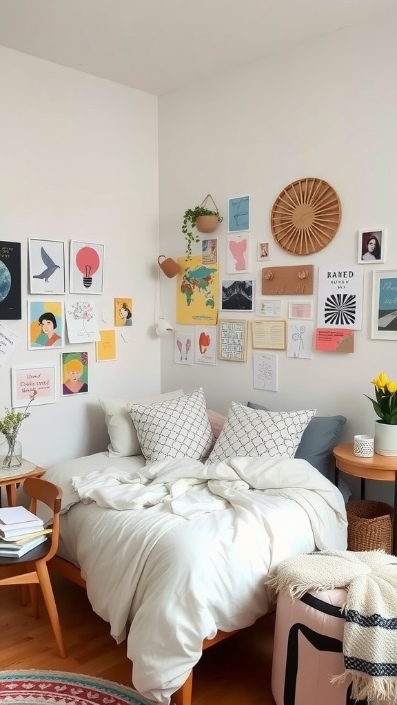 Cozy grunge bedroom with a gallery wall of art, plants, and layered bedding.