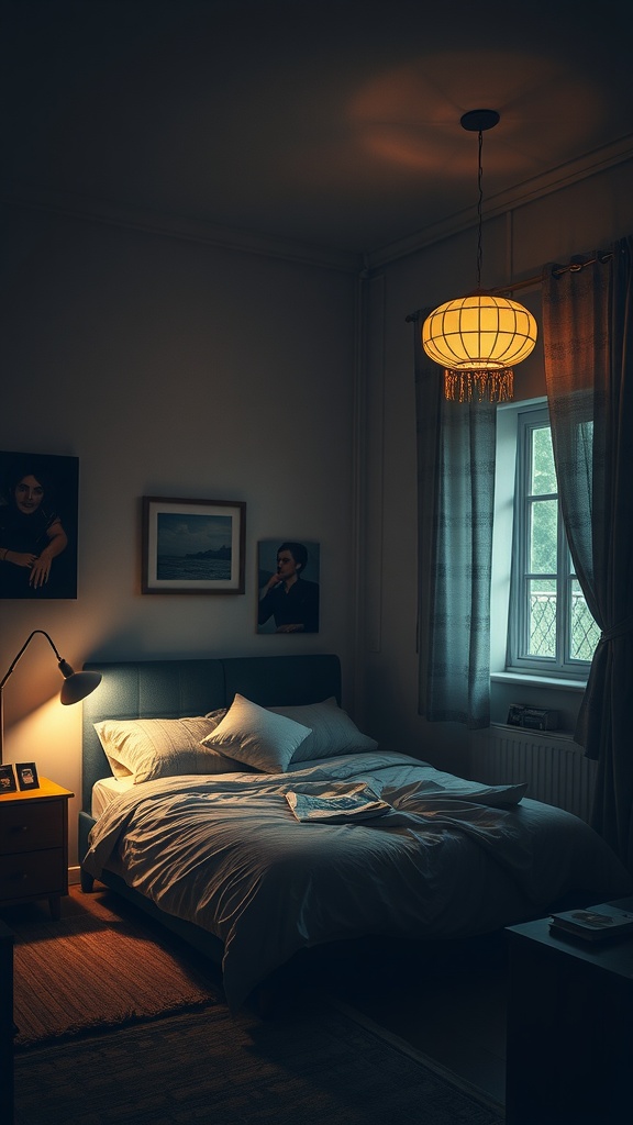 Cozy grunge bedroom with artistic lighting fixtures