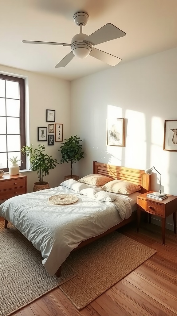 Cozy bedroom with wooden furniture, plants, and sunlight
