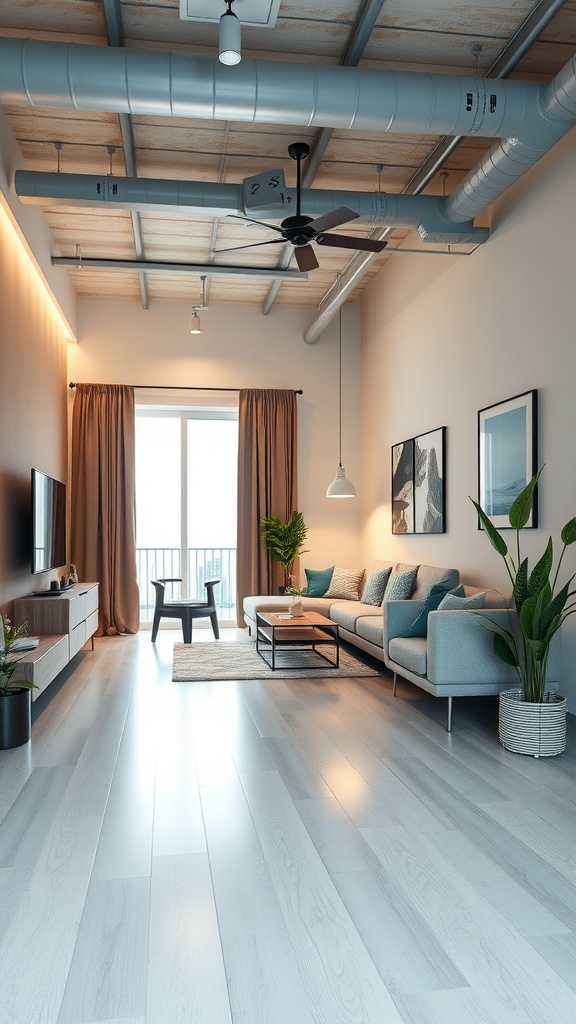 A cozy modern studio apartment featuring an open layout with a living area, natural light, and plants.
