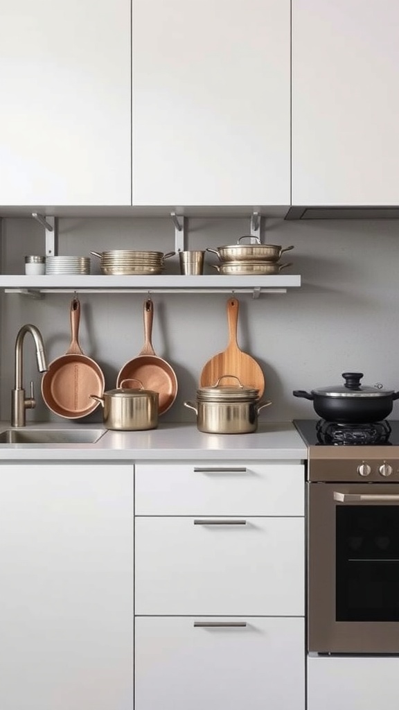 A minimalist kitchen with neatly displayed cookware on shelves and countertops.