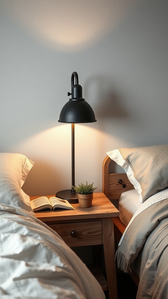 A cozy rustic bedside table with a lamp, a small plant, and a book.