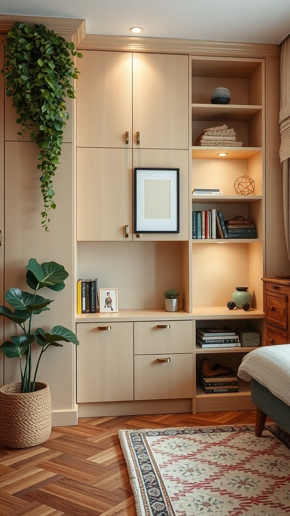 Cozy modern studio apartment with custom wood storage solutions, showcasing books, plants, and decorative items.