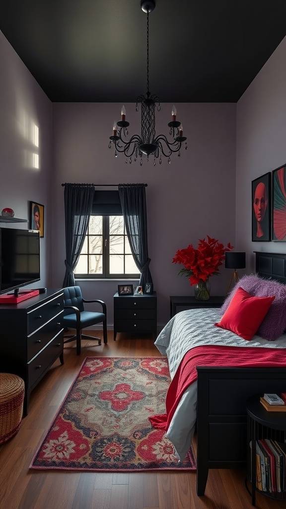 A stylish emo-themed bedroom featuring black accents and vibrant red decor.