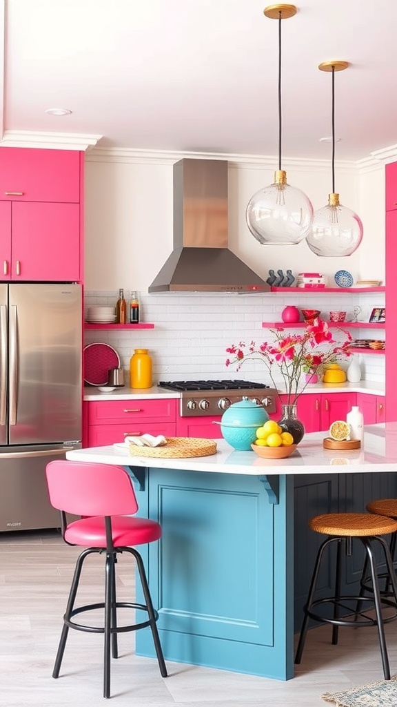 A vibrant kitchen with pink cabinets and a blue island, featuring decorative elements like colorful stools and fruit bowls.