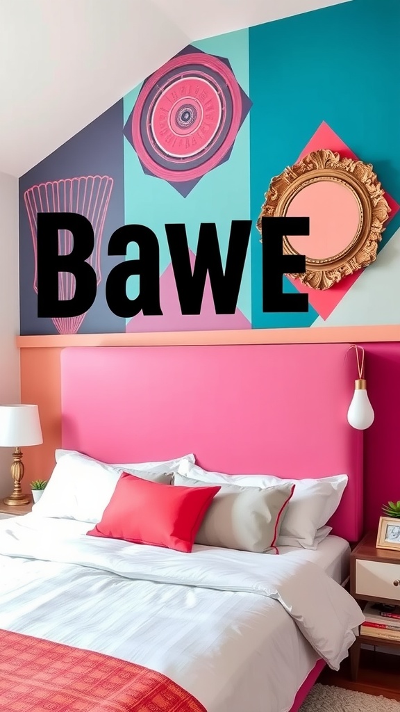 A colorful bedroom with a bold accent wall featuring geometric shapes and a pink headboard.