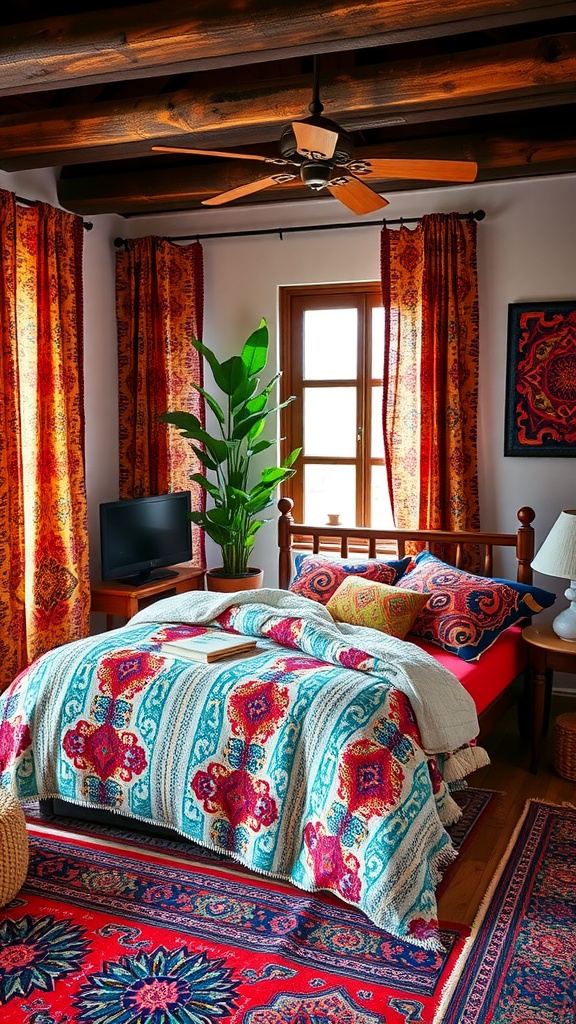 A boho bedroom with bold patterns and textures, featuring colorful curtains, a vibrant bedspread, and a large indoor plant.