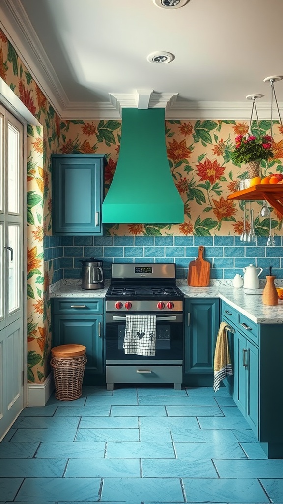 A colorful kitchen with floral wallpaper, blue cabinets, and a turquoise range hood.