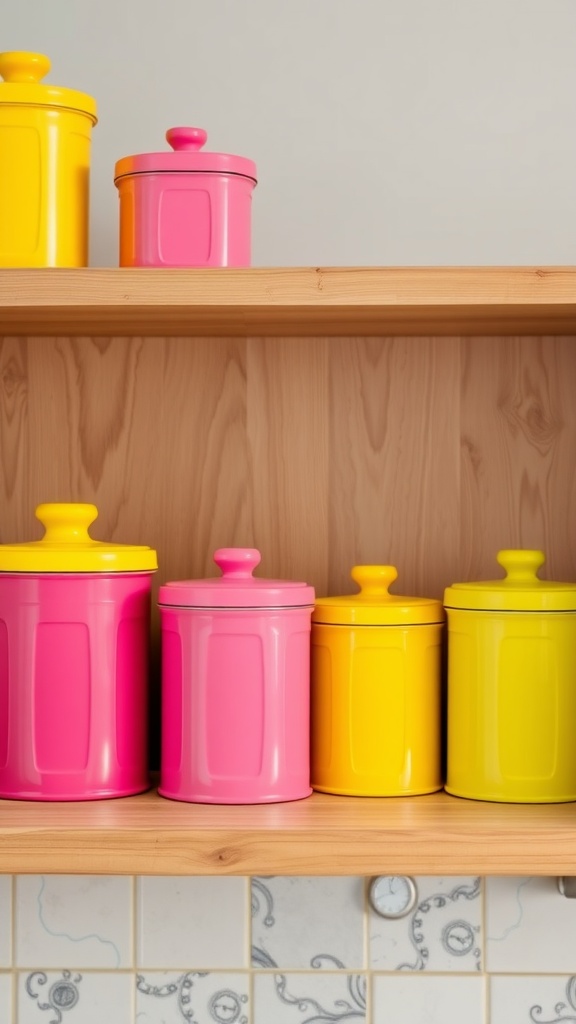Colorful pink and yellow canisters displayed on a wooden shelf