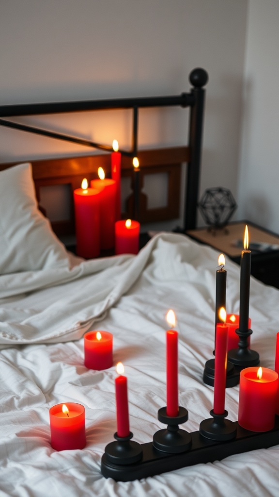 A cozy bedroom scene with various red candles on a bed, creating a warm and moody atmosphere.