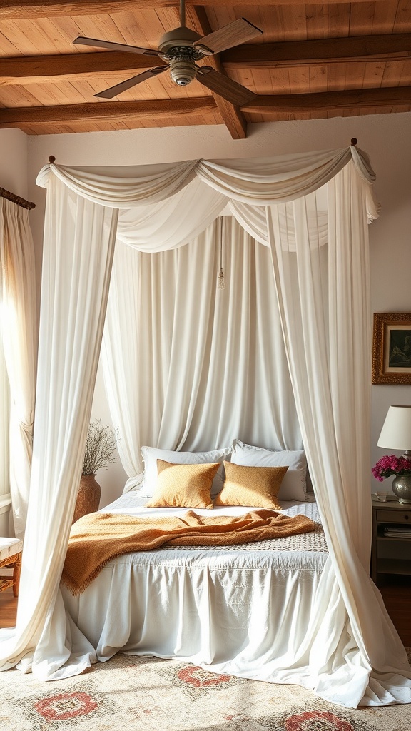 A cozy boho-style bedroom featuring a canopy bed draped with soft fabric and accented with earthy-toned pillows.