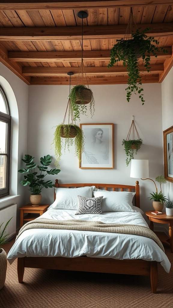 A cozy bedroom with wooden beams on the ceiling and hanging plants for decor.