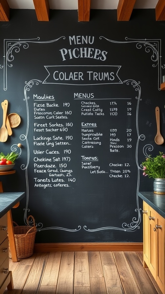 A chalkboard wall displaying a menu with various food items, enhancing a farmhouse kitchen decor.