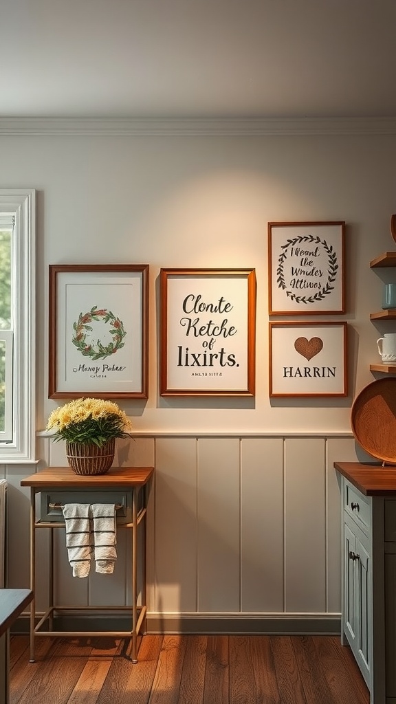 Country-themed prints framed on a kitchen wall with wooden accents
