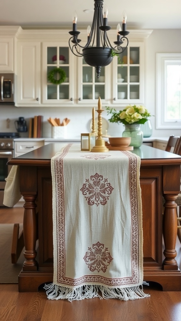 A kitchen island adorned with a charming table runner, candles, and flowers, creating a cozy and inviting atmosphere.