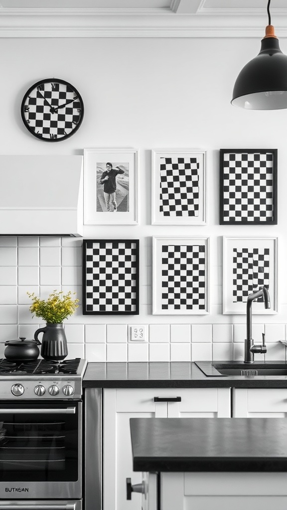 Black and white checkered kitchen decor featuring framed artwork and a clock.