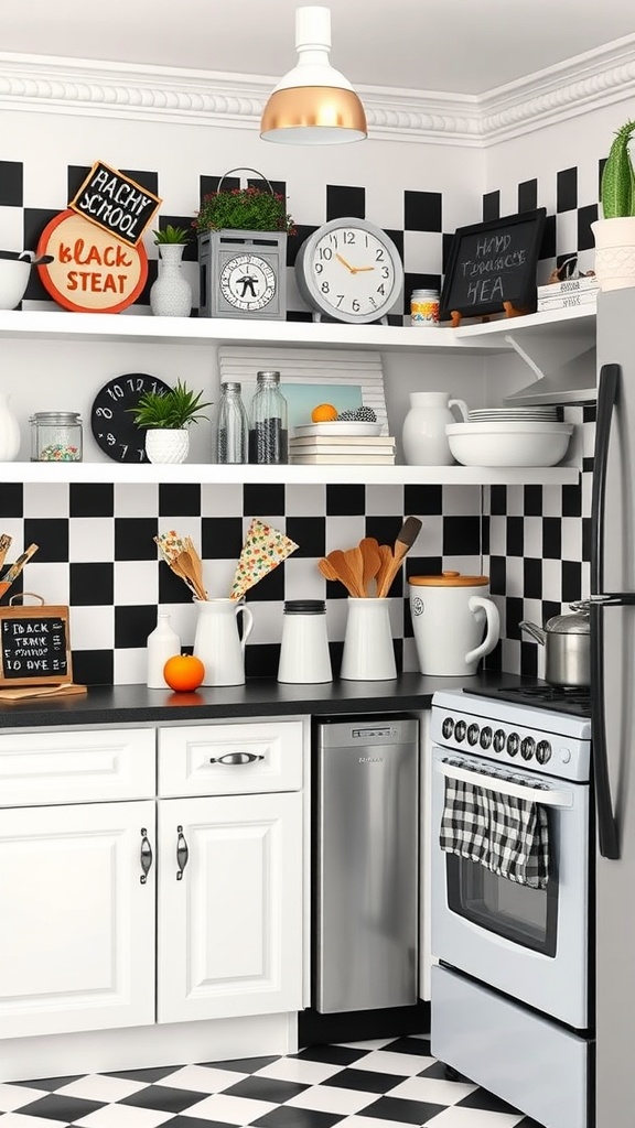 A black and white checkered kitchen with playful school-themed decor, including colorful signs and plants.