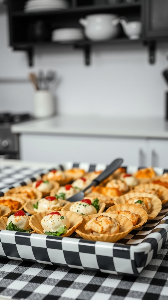 A checkered serving tray filled with appetizers in a black and white kitchen.
