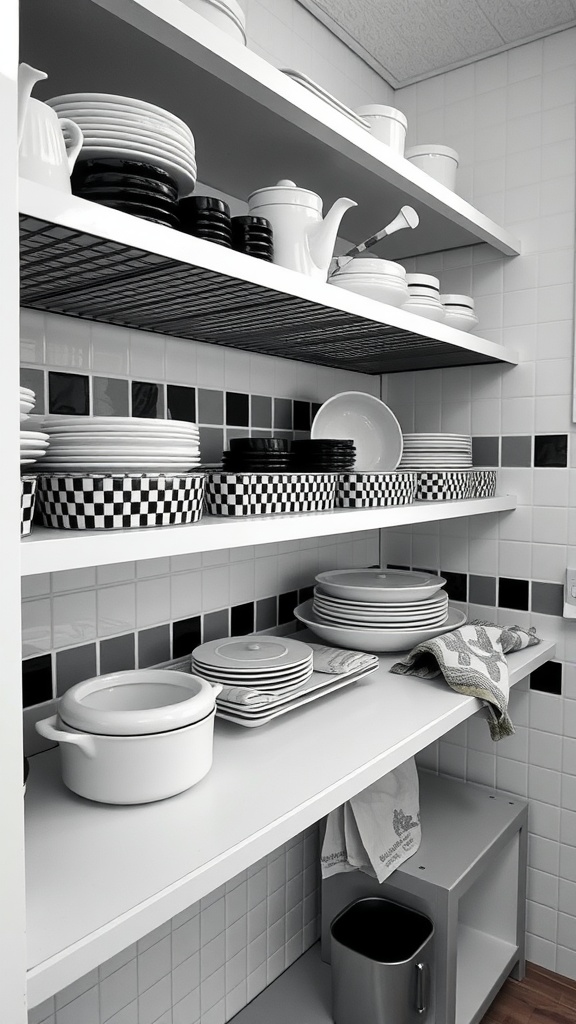 A kitchen shelf lined with black and white checkered patterns, showcasing various plates and bowls.