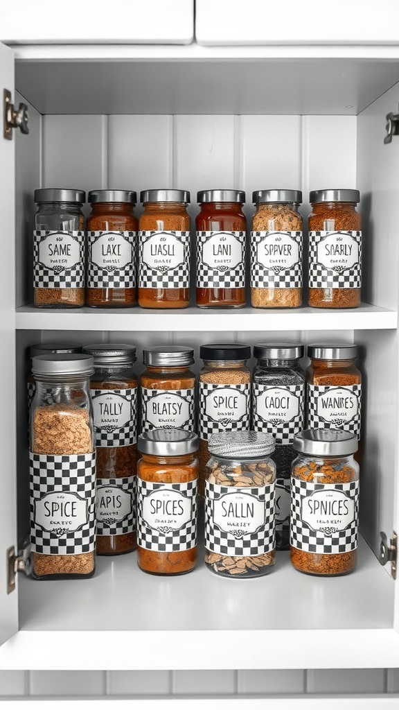 Colorful spice jars with black and white checkered labels organized in a kitchen cabinet.