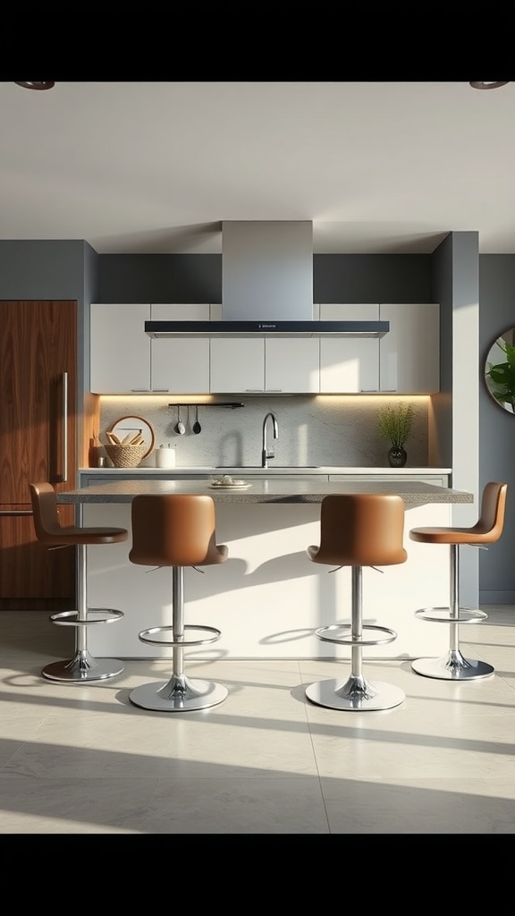 Modern kitchen with stylish brown bar stools around a sleek island