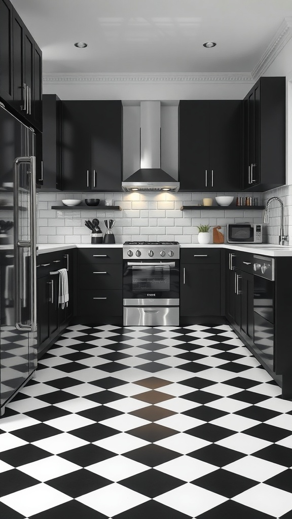 A modern kitchen with black and white checkered flooring, black cabinets, and stainless steel appliances.