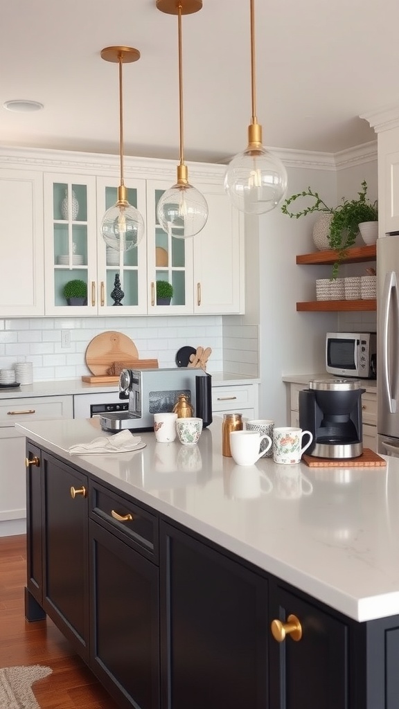 A chic coffee station on a kitchen island featuring coffee mugs, a coffee maker, and stylish decor.