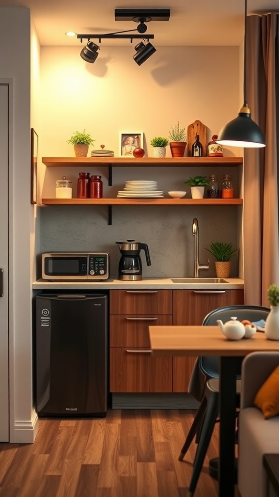 Stylish kitchenette in a modern studio apartment with wooden shelves, plants, and modern appliances.