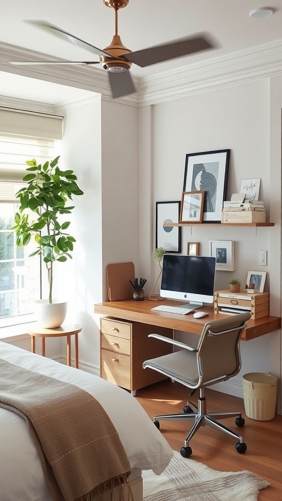 Chic study area in a bedroom with a wooden desk, computer, plant, and wall art.