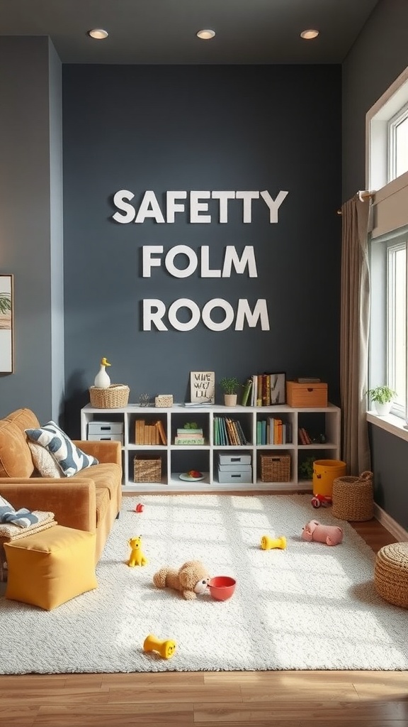 A cozy child-friendly family room featuring a safety-themed wall design, soft plush rug, and colorful toys scattered around.