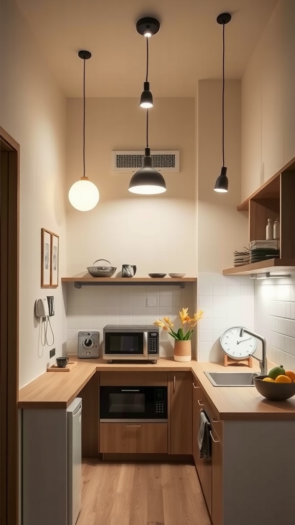 A stylish small kitchen featuring various pendant lights and a minimalist design.