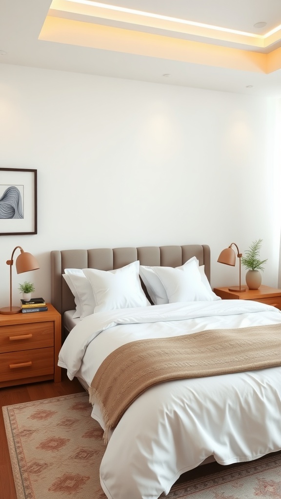 A cozy bedroom setup featuring a bed with white bedding, wooden bedside tables with lamps, and a soft rug