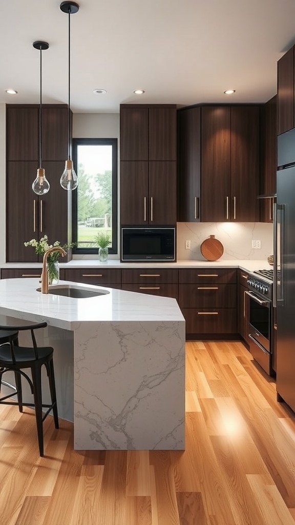 A modern kitchen with dark cabinetry, a white marble countertop, and hardwood flooring.