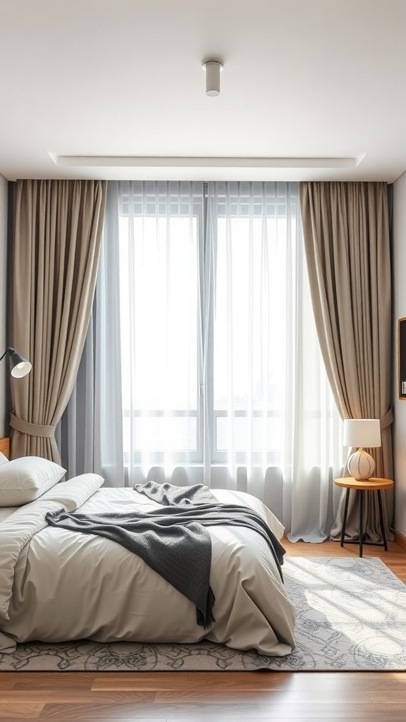 A cozy bedroom featuring layered curtains for light control, with a warm color palette and inviting decor.