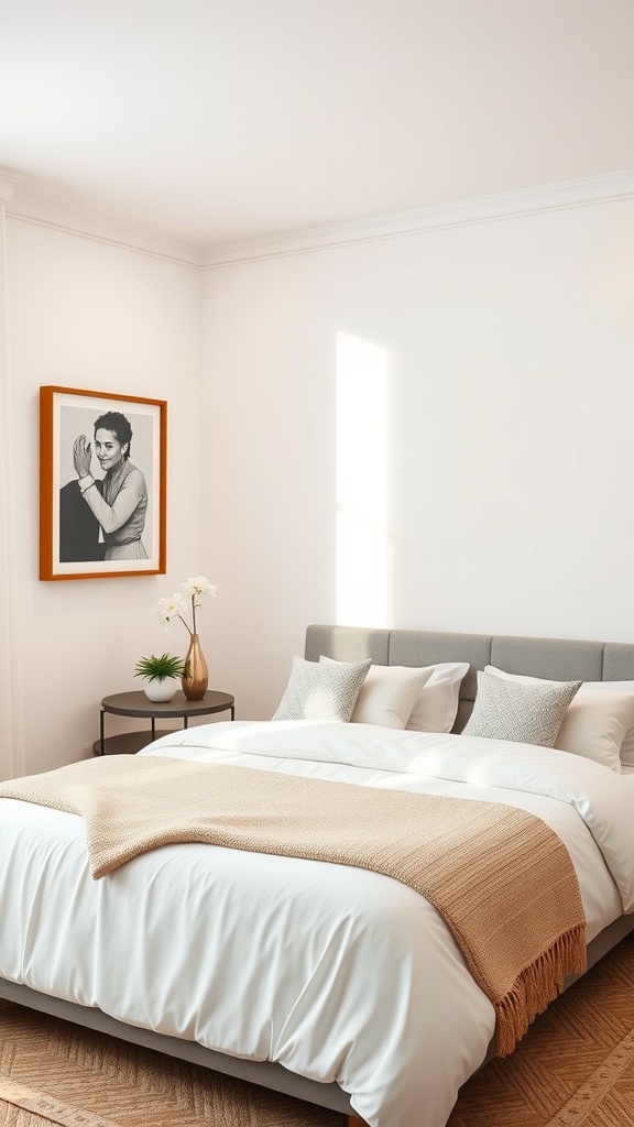 A cozy 10x10 bedroom featuring a bed with white bedding, a light brown throw, and a framed artwork on the wall.
