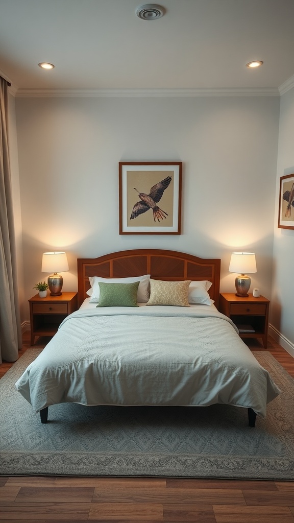 A well-decorated 10x10 bedroom featuring a neatly made bed, two nightstands, and decorative wall art.