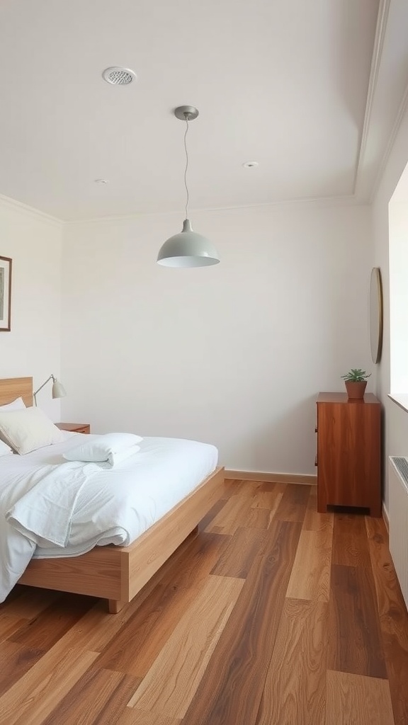 A minimalist small bedroom featuring wooden flooring, a bed with white linens, and a bedside lamp.