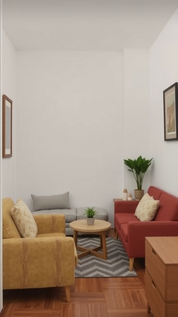 A small living room with two sofas, a coffee table, and a potted plant, showcasing furniture scaled for small spaces.