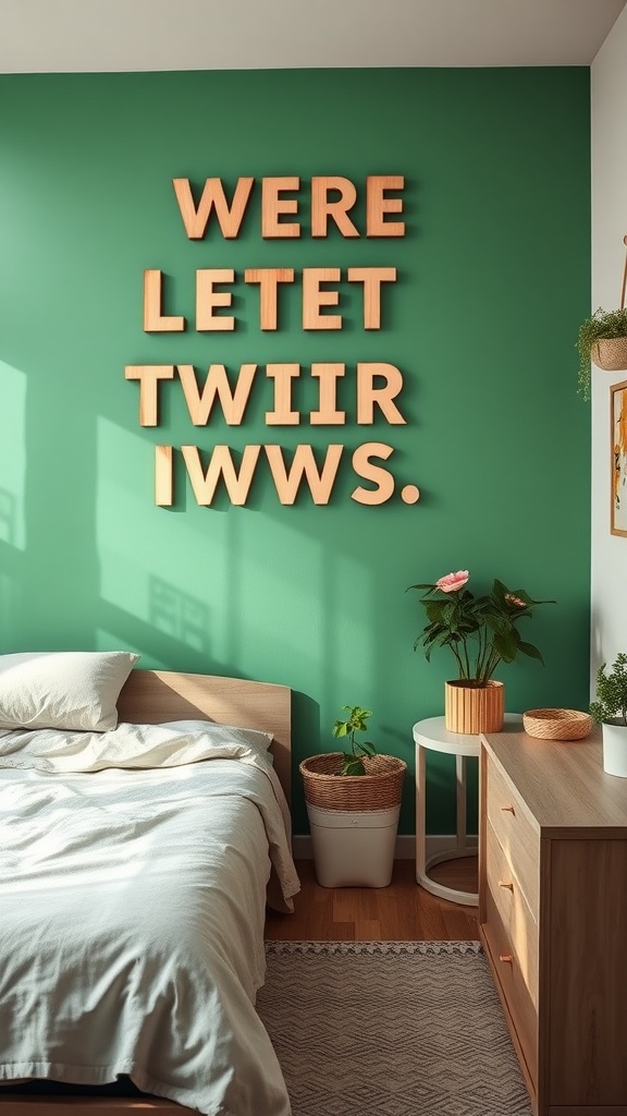 Cozy studio apartment with a green accent wall and wooden letters.