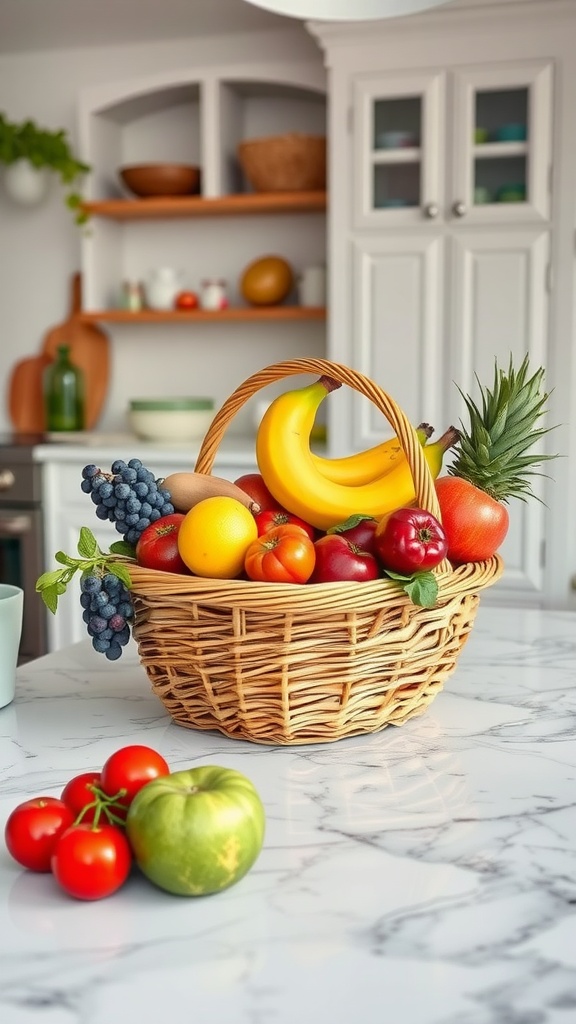 A colorful fruit basket filled with various fruits like bananas, apples, and grapes on a kitchen island.